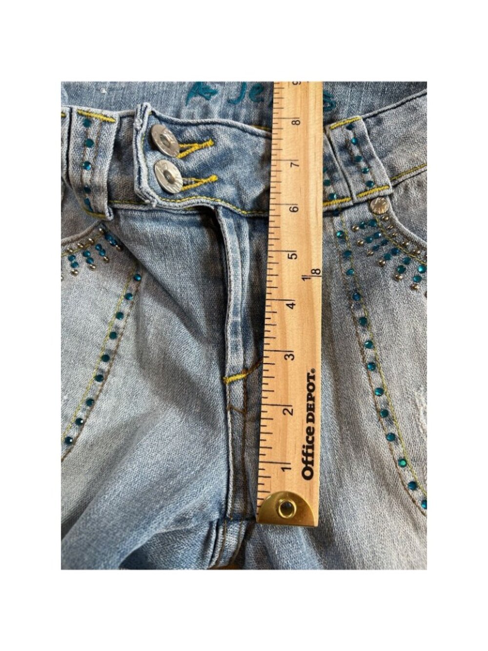 Ab Womens Boot Cut Jeans Blue Juniors 7 Distressed Rhinestone Light Low Rise Y2K - Picture 8 of 11